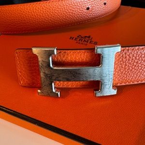 HERMES Constance H Belt Orange/Brown/Silver Leather/Metal